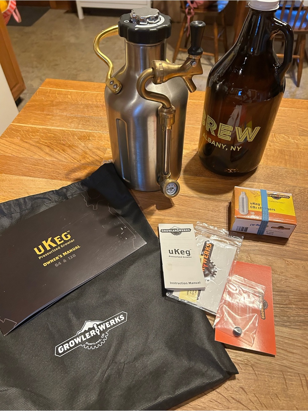GrowlerWerks uKeg Stainless Steel Pressurized Growler - Silver and brass. 64